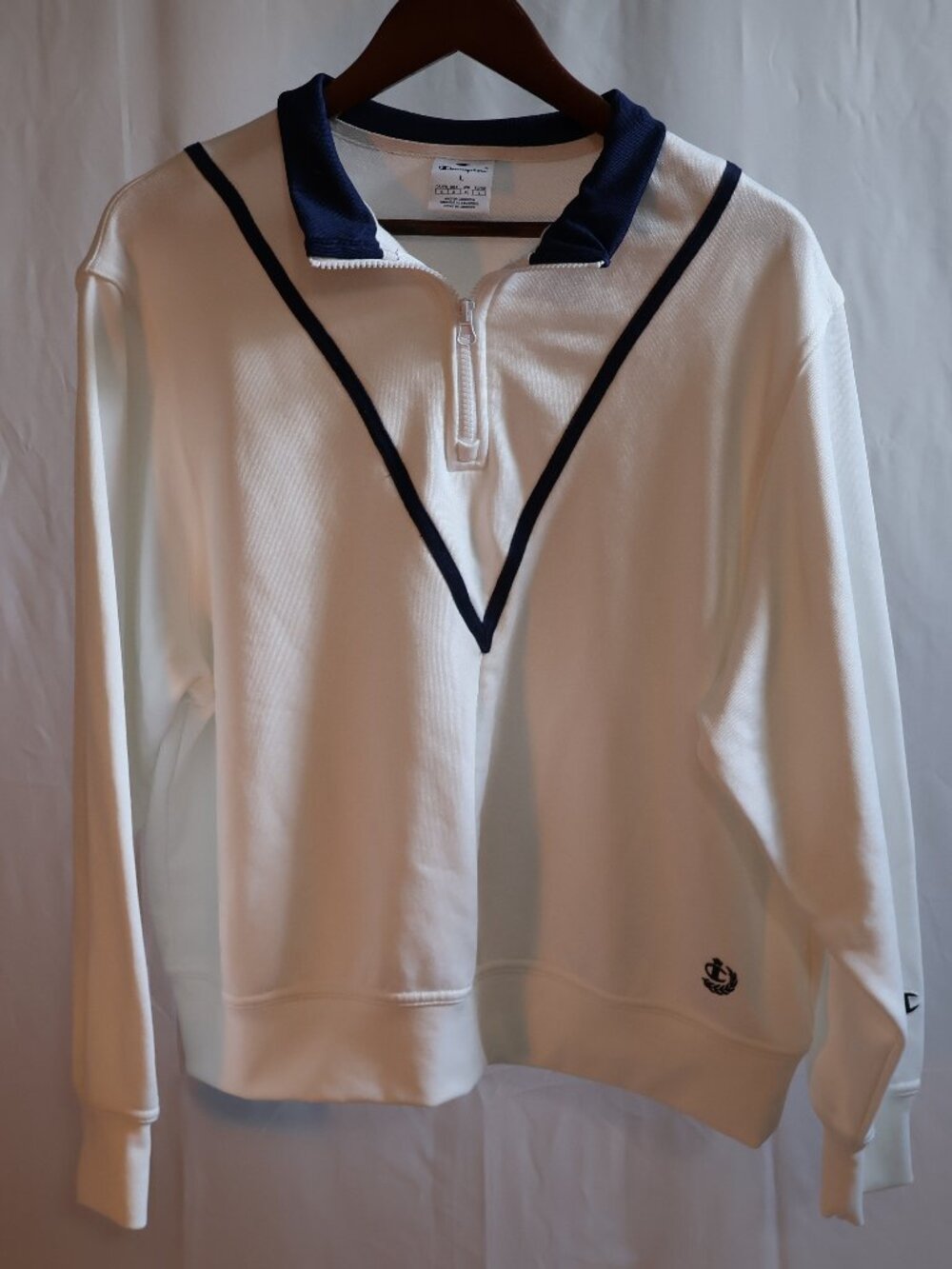 Champion White & Navy Quarter Zip Pullover Sweatshirt, Size Large